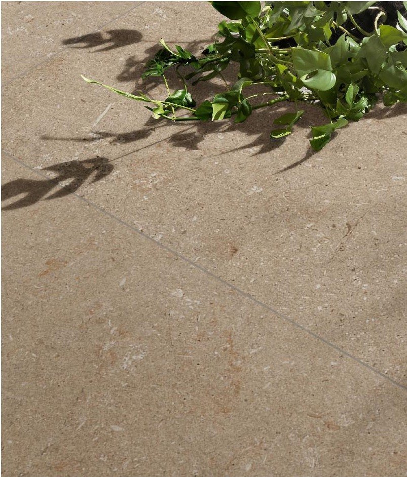 Light porcelain pool deck tile around an outdoor leisure area