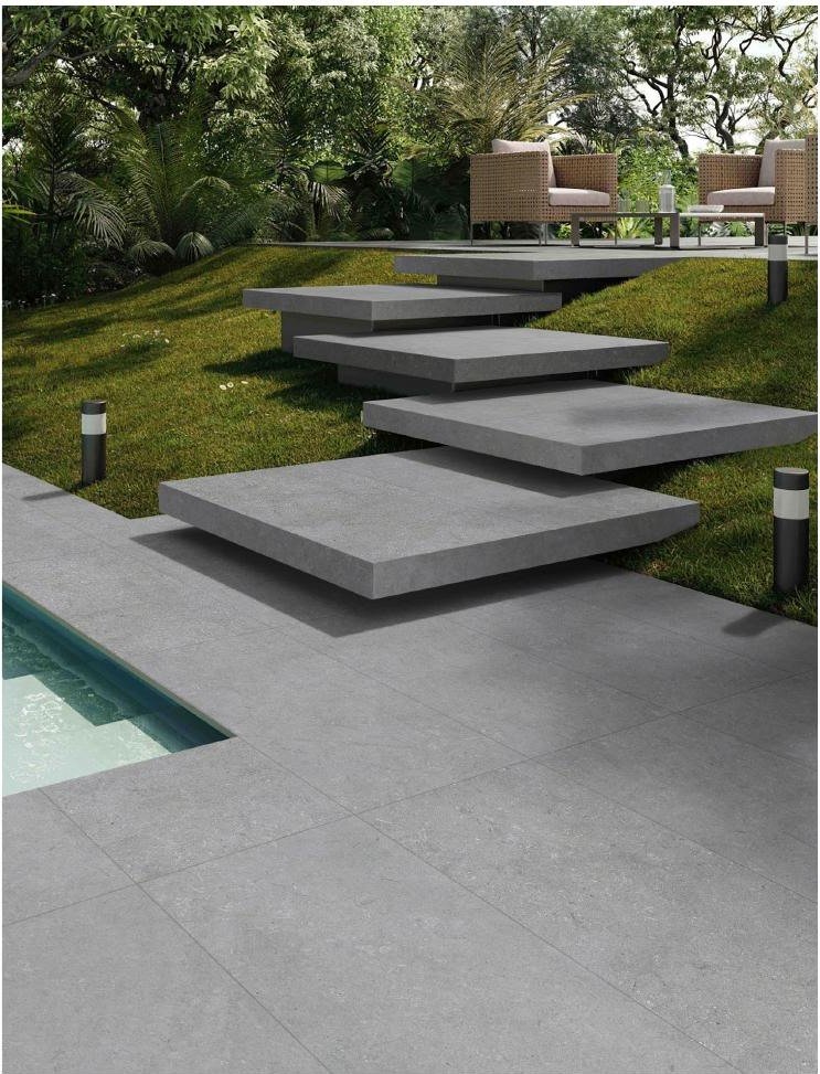 Anthracite porcelain paving in a contemporary outdoor project