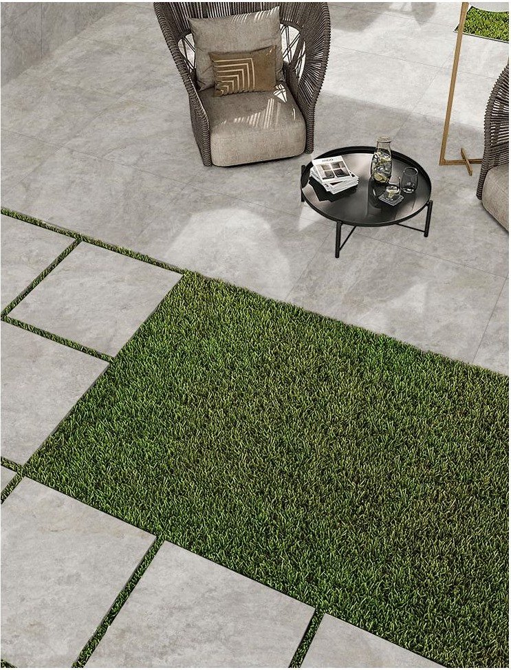 Porcelain patio tiles in a warm outdoor terrace setting