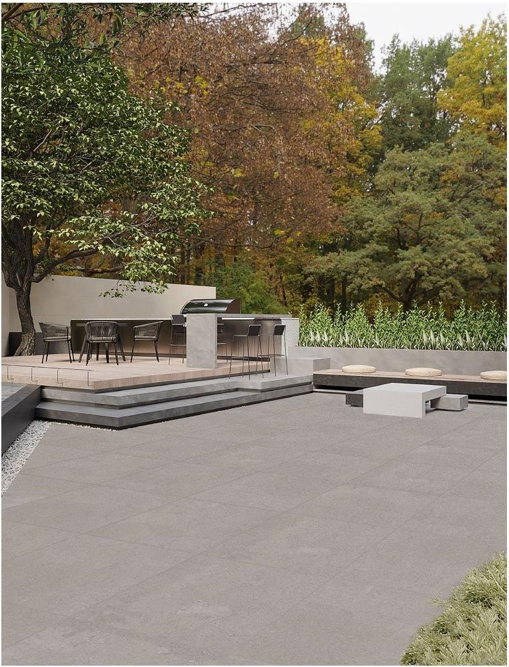 Grey porcelain paving installed in a modern outdoor space